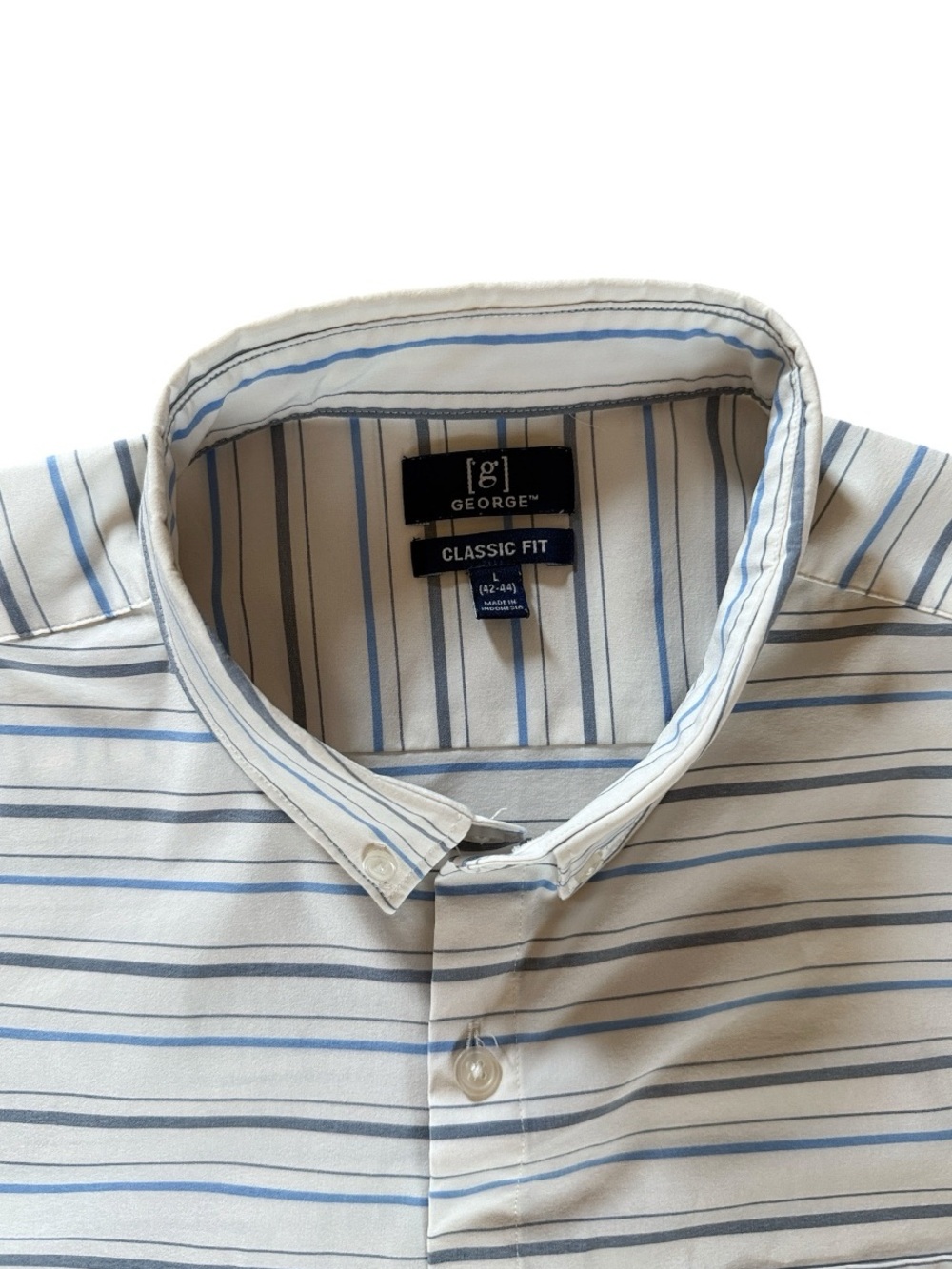 MENS GEORGE CLASSIC FIT SHORT SLEEVE STRECHY DRESS SHIRT BLUE STRIPES LG (42-44)